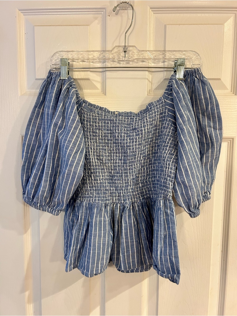 Blue Striped Smocked Off-Shoulder Peplum Blouse size M